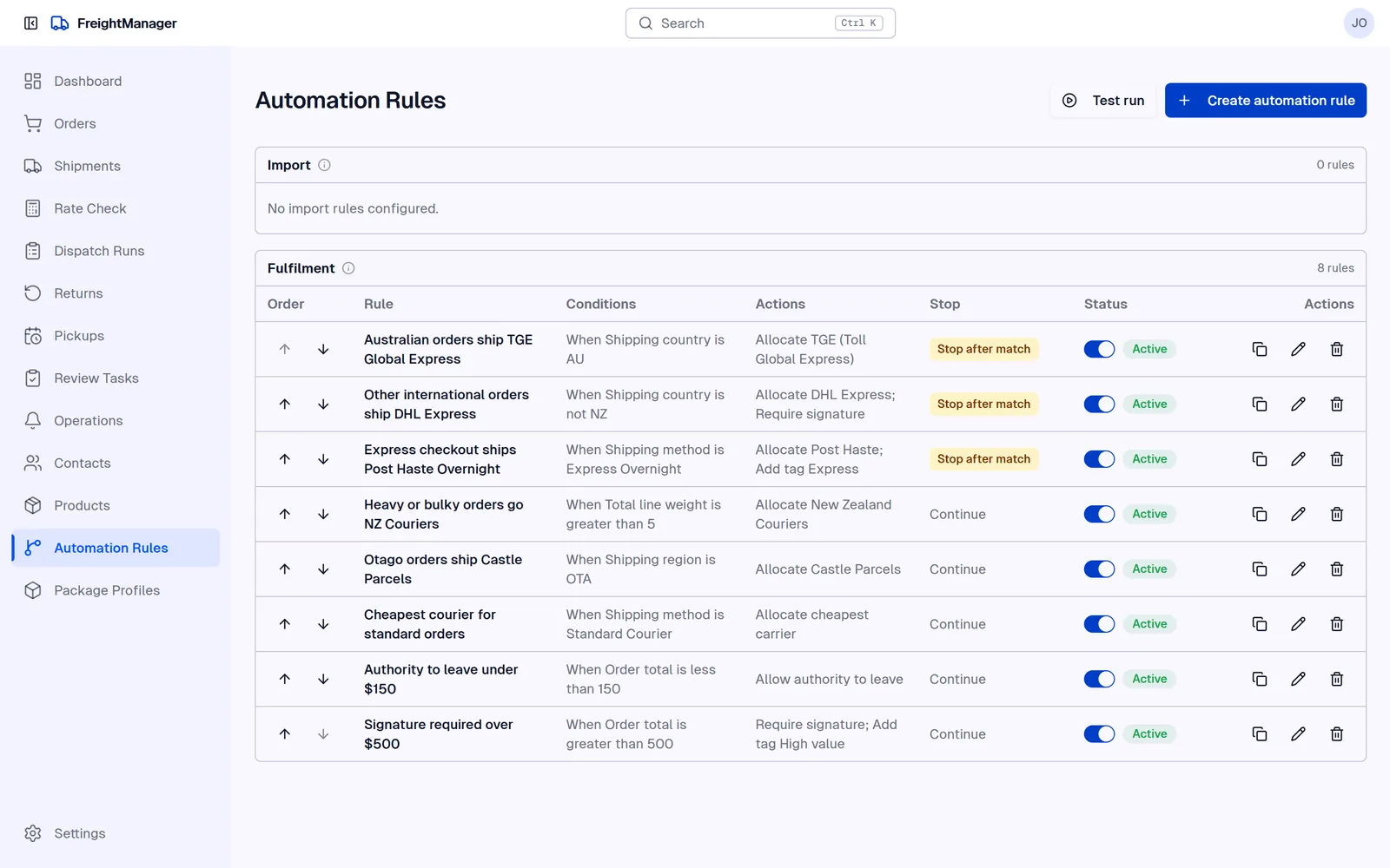 Freight Manager automation rules list