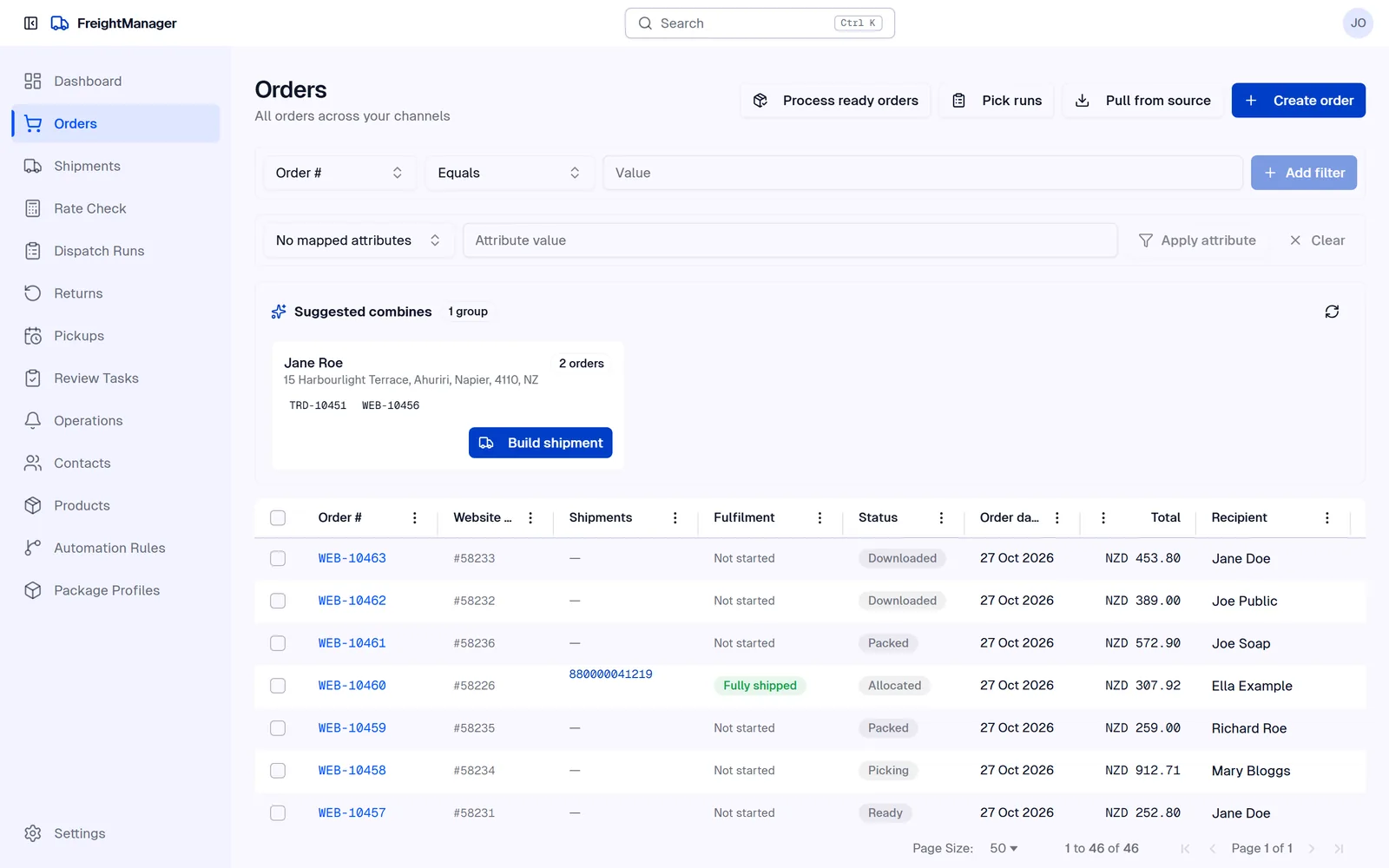 Freight Manager orders list with demo orders imported from an online store