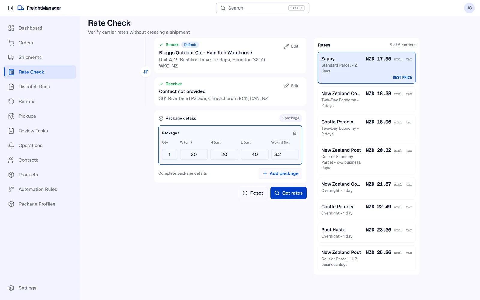 Freight Manager rate check comparing several carriers for one parcel