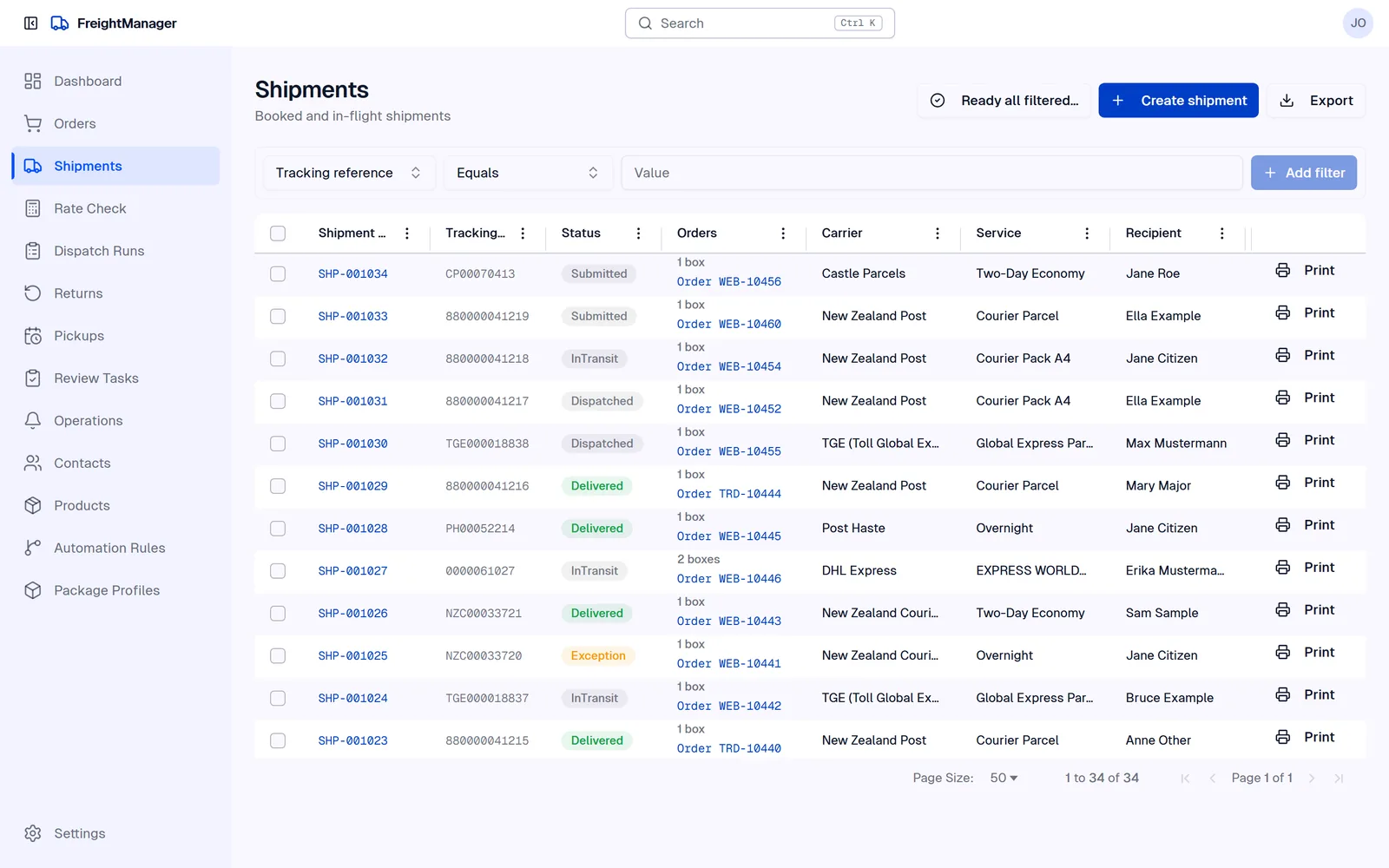 Freight Manager shipments list showing demo shipments across TGE Priority, NZ Post and DHL Express with their statuses